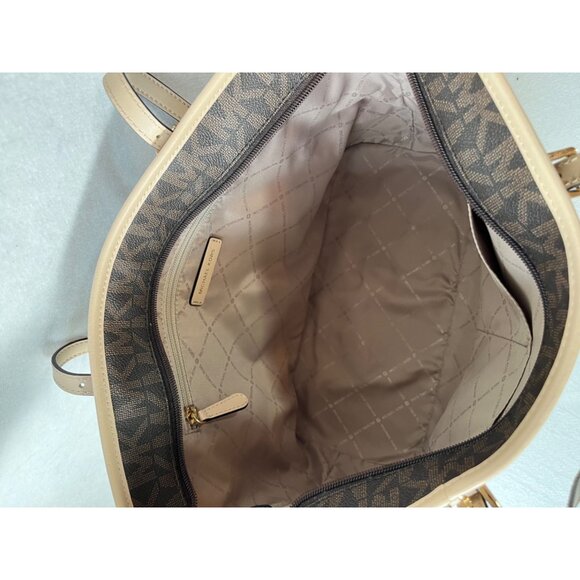 Michael Kors Purse Jet Set Signature Large Zip Up Tote Bag MK Monogram Brown Tan - Picture 12 of 12
